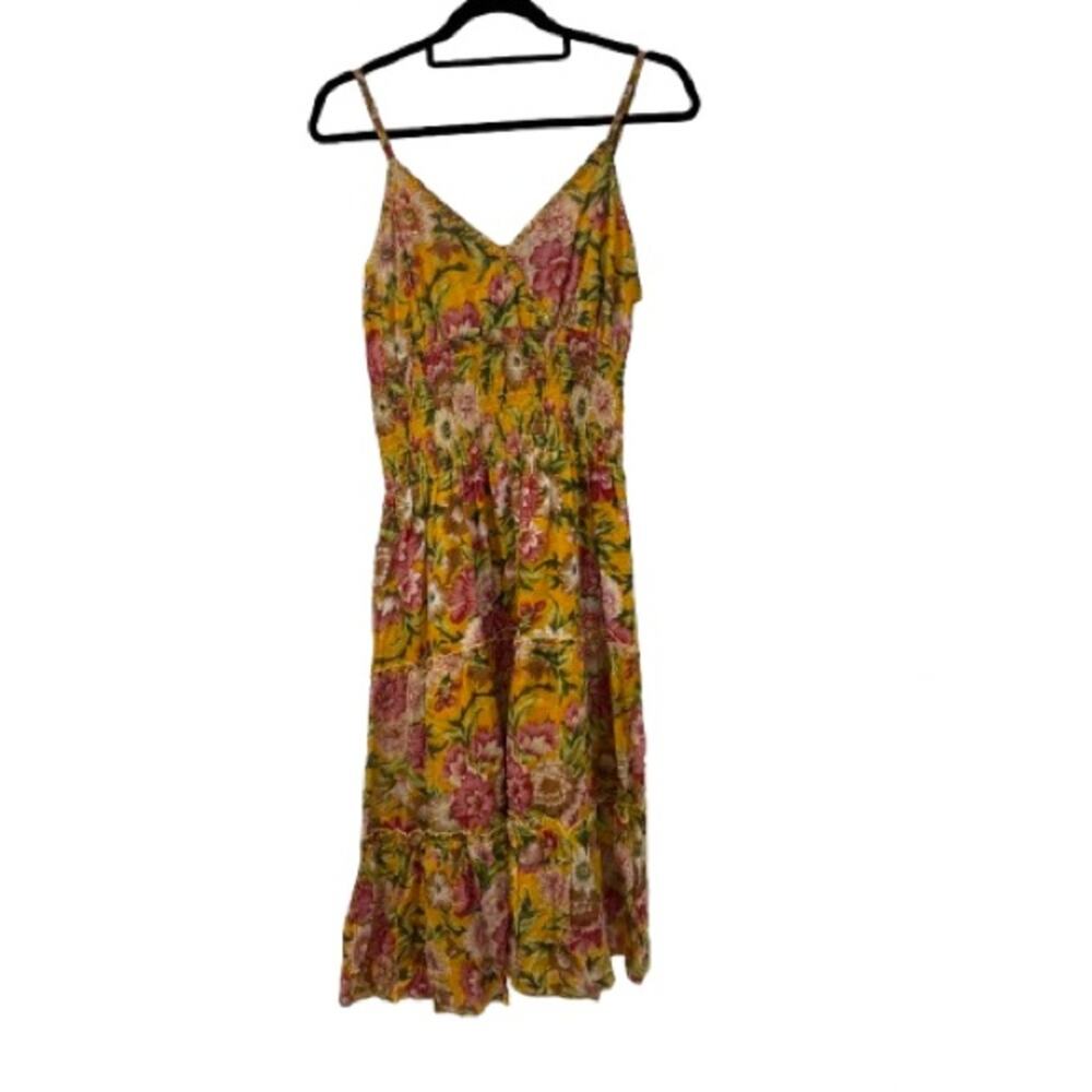 Etc. Yellow Floral Tiered Spaghetti Strap Dress 100% Cotton